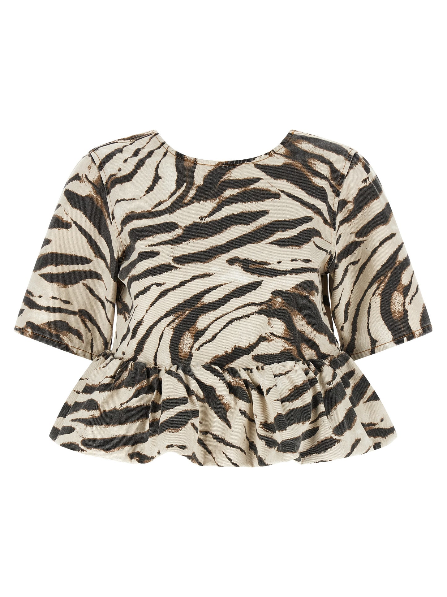 Shirt by Ganni for women in organic cotton denim multicolor, zebra, patterned & print showcases a sublime silhouette, artfully detailed with a sublime round neckline and short-sleeve for a sophisticated, sublime finish.