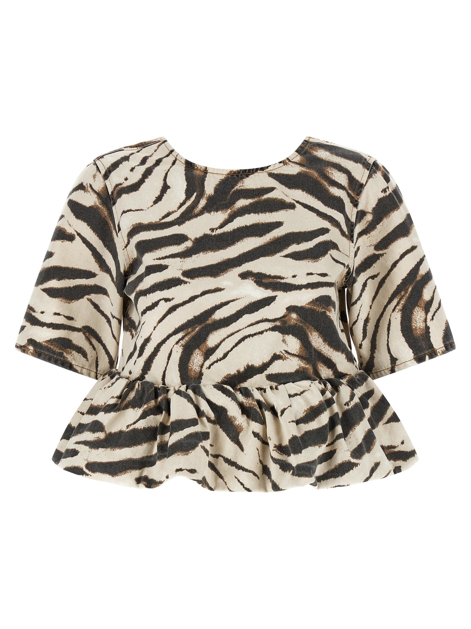 Shirt by Ganni for women in organic cotton denim multicolor, zebra, patterned & print showcases a sublime silhouette, artfully detailed with a sublime round neckline and short-sleeve for a sophisticated, sublime finish.