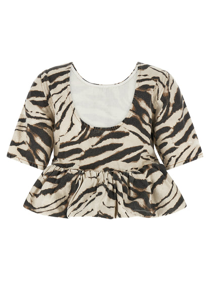 Shirt by Ganni for women in organic cotton denim multicolor, zebra, patterned & print presents a discerning silhouette, showcasing a sophisticated round neckline and for a truly discerning finish.