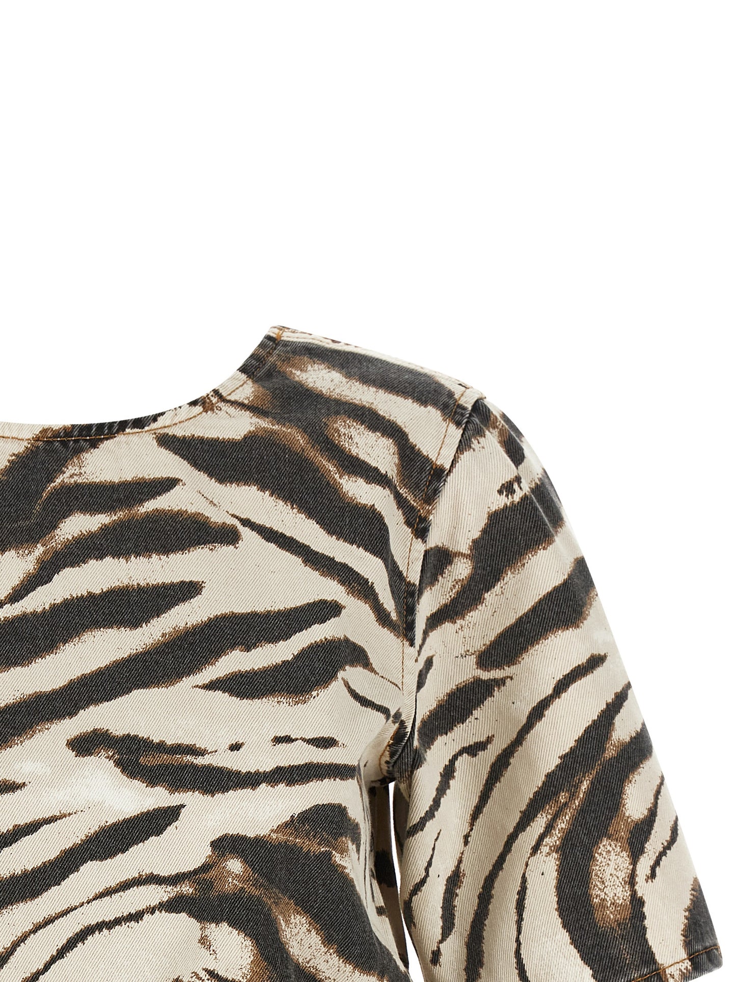 Shirt by Ganni for women in organic cotton denim multicolor, zebra, patterned & print showcases a sleek silhouette, elegantly detailed with a sleek round neckline and for a sleek finish.