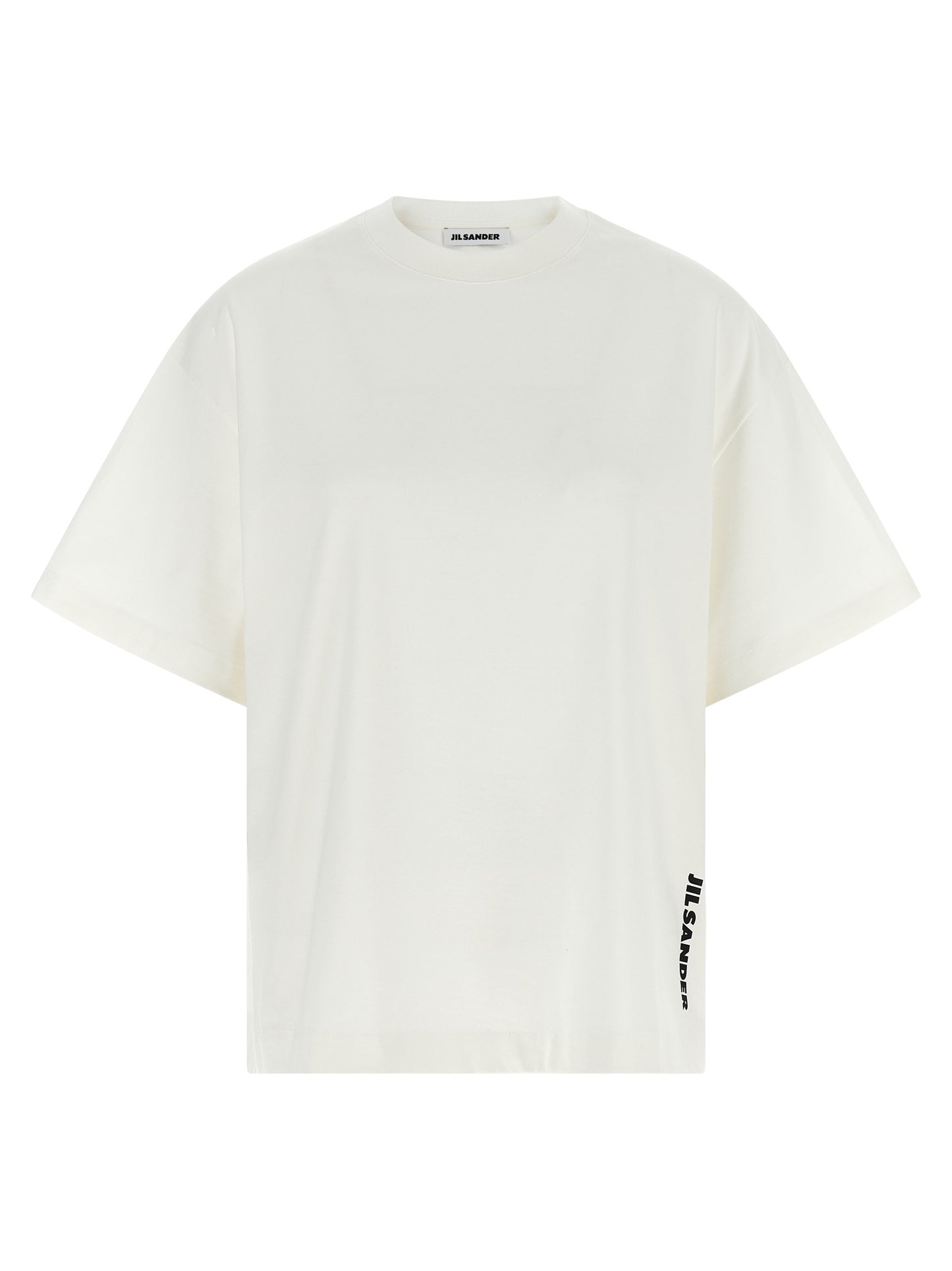 T-Shirt by Jil Sander for women in cotton bicolour, black, white & print showcases a unassuming silhouette, artfully detailed with a refined crew neckline and unassuming short-sleeve for a sophisticated, contemporary look.