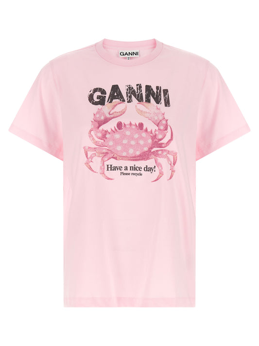 T-Shirt by Ganni for women in organic cotton multicolor, pink & print showcases a dramatic silhouette, elegantly detailed with a dramatic crew neckline and short-sleeve for a truly dramatic finish.