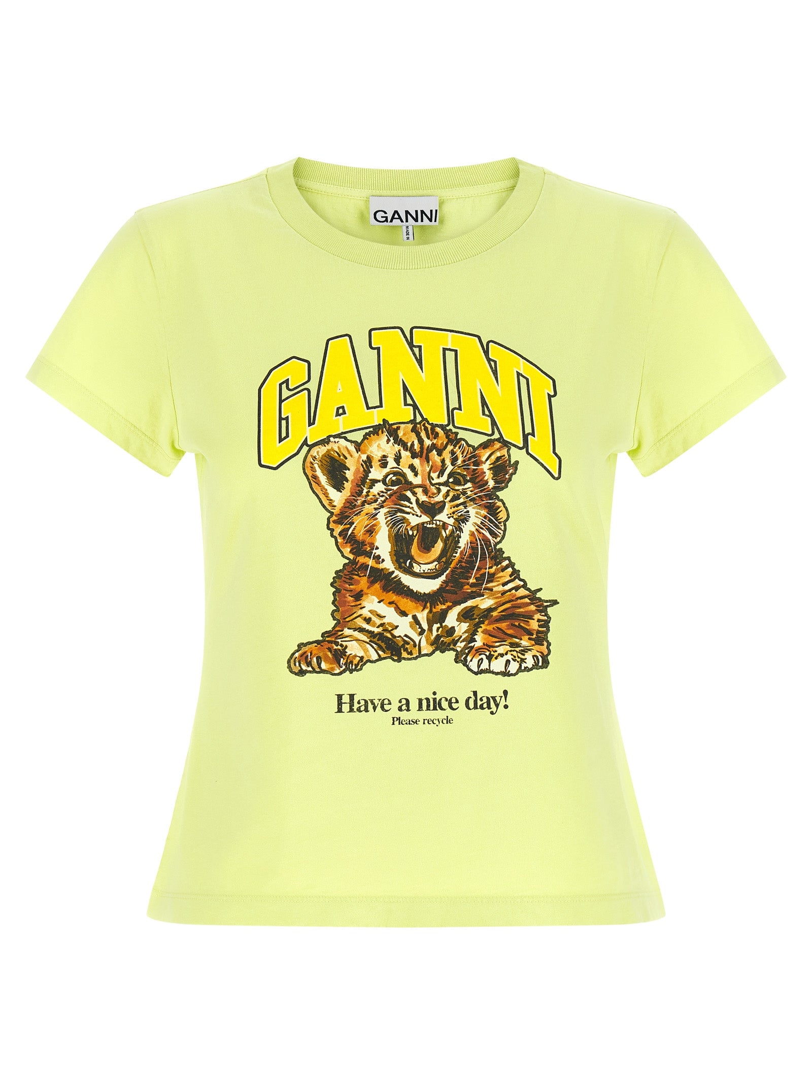 T-Shirt by Ganni for women in organic cotton bicolour, green & print features a plush silhouette, showcasing a sophisticated crew neckline and short-sleeve for a truly plush finish.