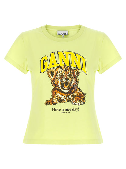 T-Shirt by Ganni for women in organic cotton bicolour, green & print features a plush silhouette, showcasing a sophisticated crew neckline and short-sleeve for a truly plush finish.