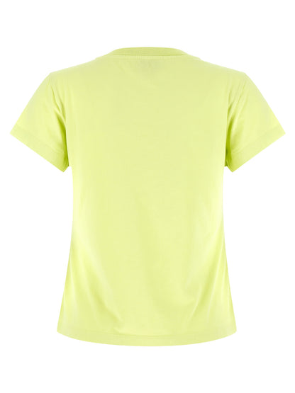 T-Shirt by Ganni for women in organic cotton bicolour, green & print showcases a fashionable silhouette, elegantly detailed with a fashionable and crew neckline for a sophisticated, high-fashion look.