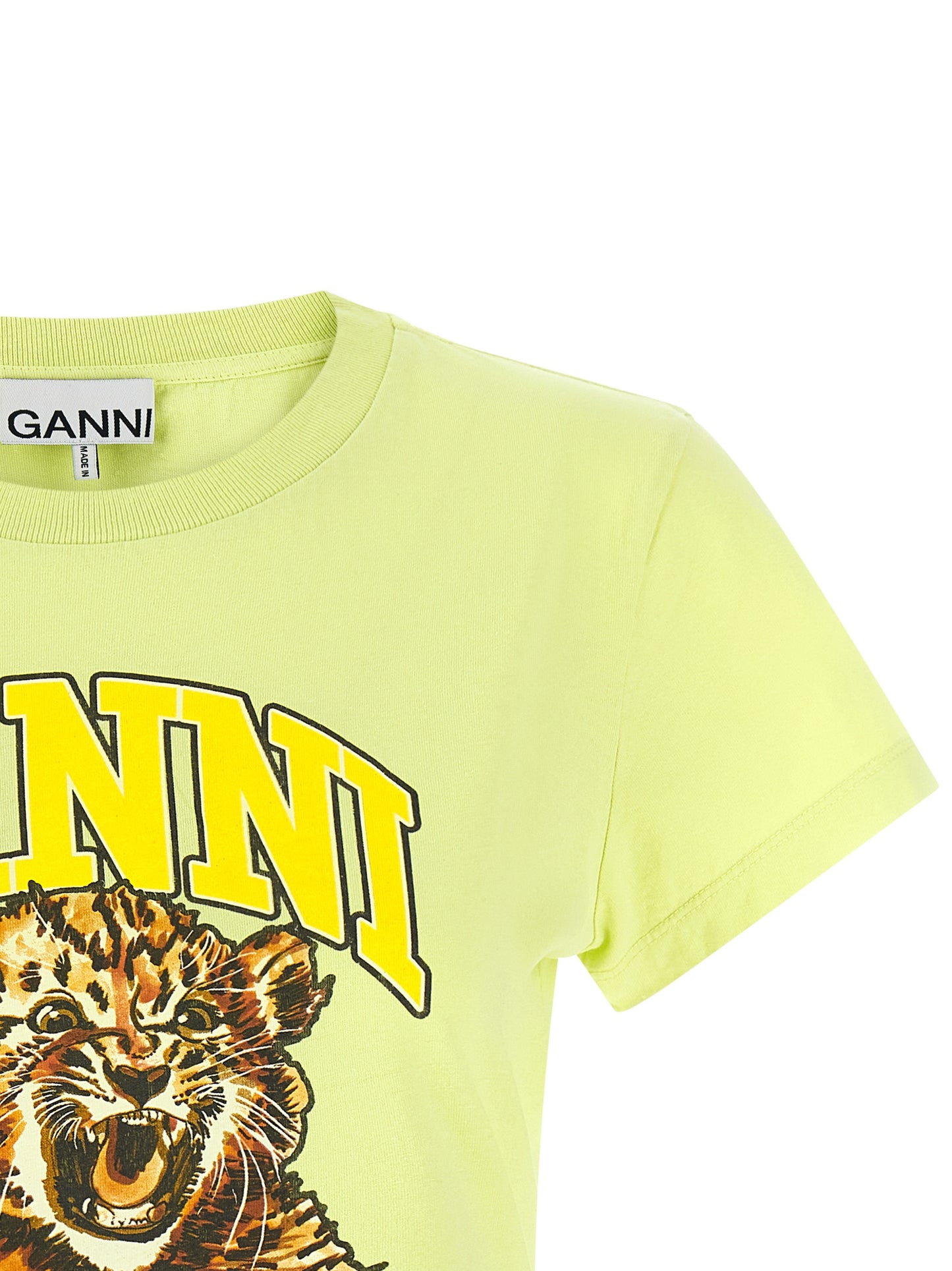T-Shirt by Ganni for women in organic cotton bicolour, green & print showcases a unassuming silhouette, artfully detailed with a refined crew neckline and unassuming for a sophisticated, contemporary look.