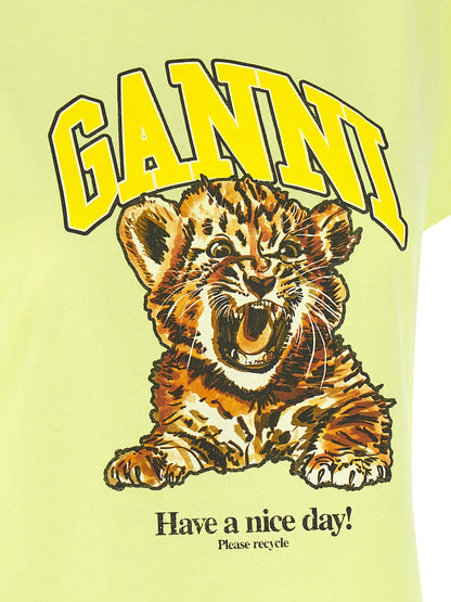 T-Shirt by Ganni for women in organic cotton bicolour, green & print features an edgy silhouette, meticulously detailed with a sophisticated and for a truly edgy finish.