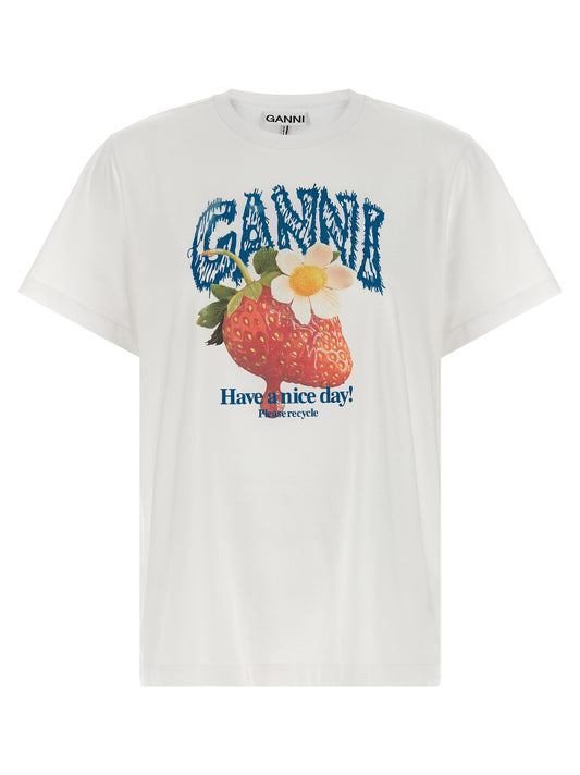 T-Shirt by Ganni for women in organic cotton white & print features a plush silhouette, showcasing a sophisticated crew neckline and short-sleeve for a truly plush finish.