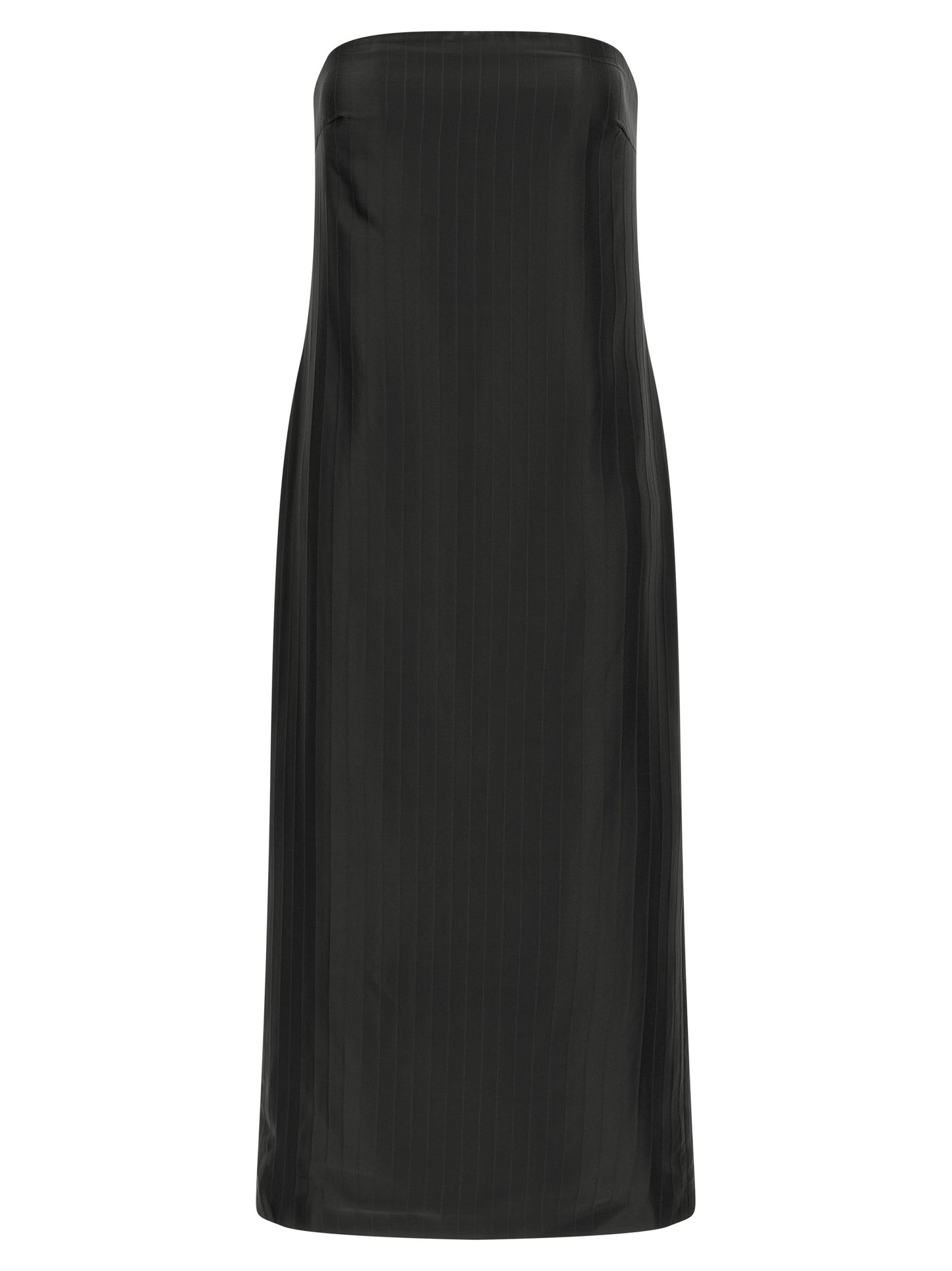 Dress by Loulou De Saison for women in viscose silk black & striped features an eye catching silhouette with a sophisticated , elegant sleeveless, and a refined midi for a eye catching aesthetic.