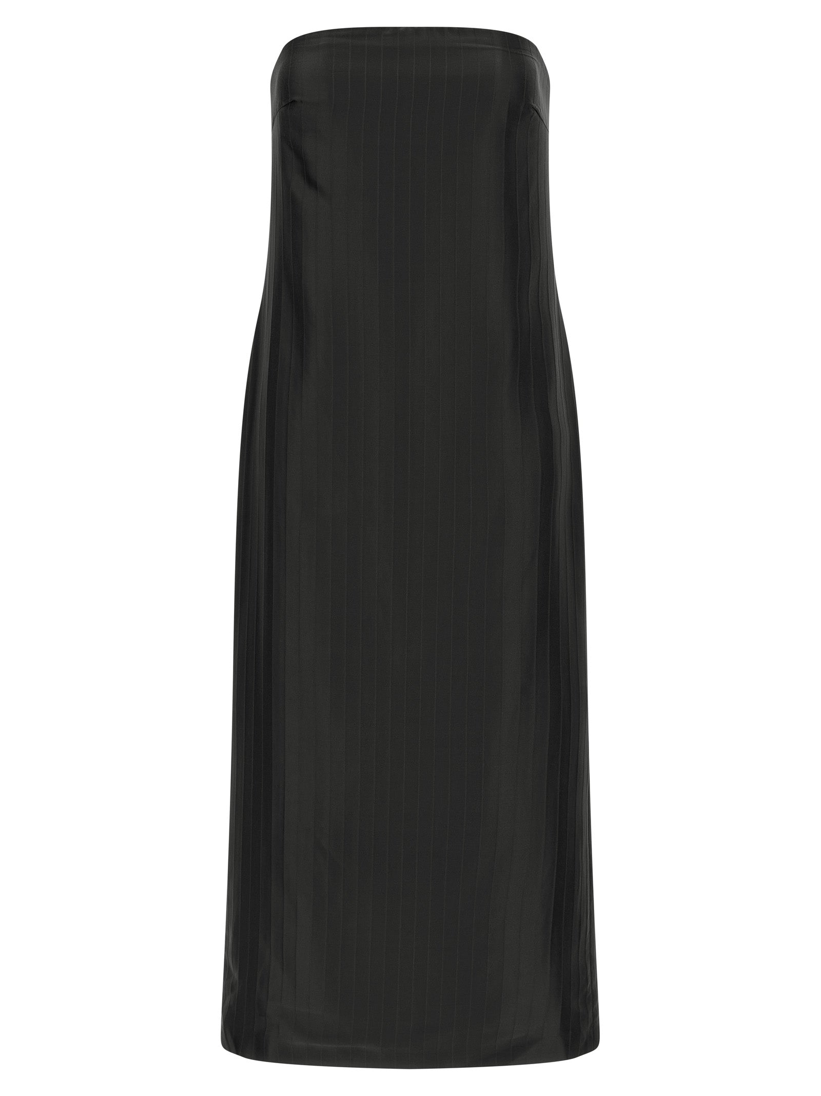 Dress by Loulou De Saison for women in viscose silk black & striped features an eye catching silhouette with a sophisticated , elegant sleeveless, and a refined midi for a eye catching aesthetic.