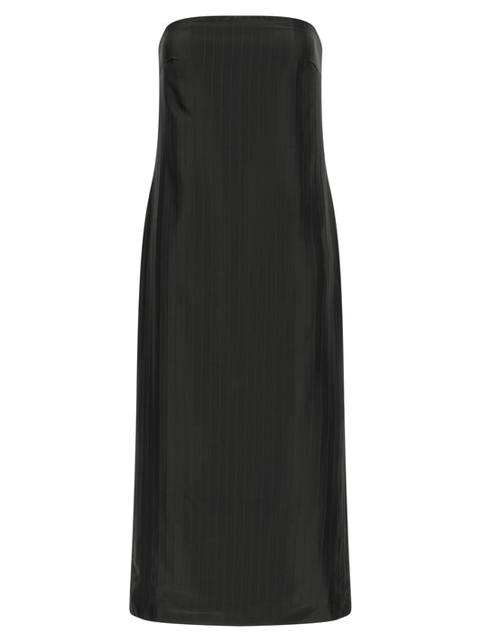 Dress by Loulou De Saison for women in viscose silk black & striped features an eye catching silhouette with a sophisticated , elegant sleeveless, and a refined midi for a eye catching aesthetic.