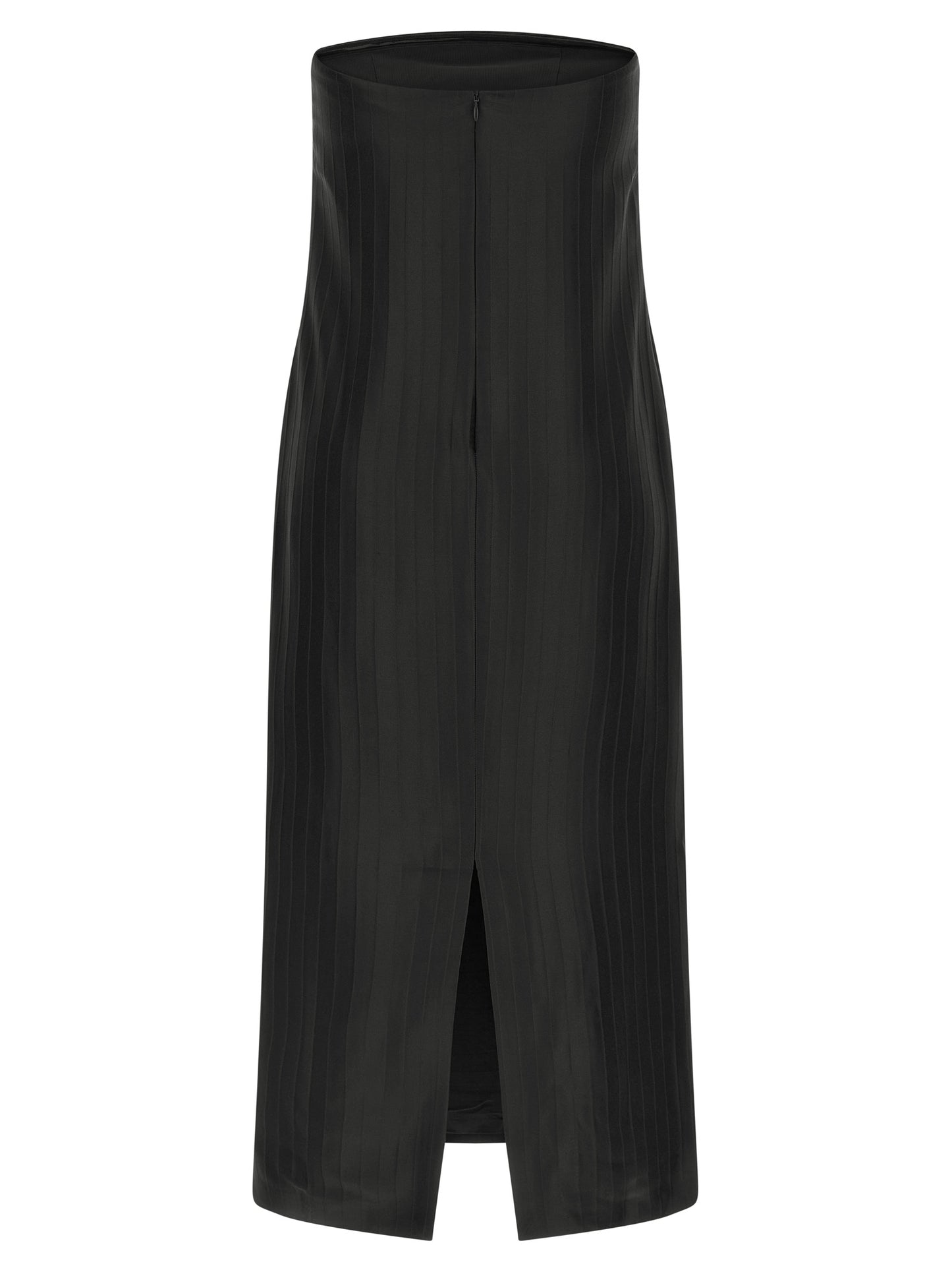 Dress by Loulou De Saison for women in viscose silk black & striped presents a sinuous silhouette, showcasing a sophisticated and detailed with a sinuous midi for a refined finish.