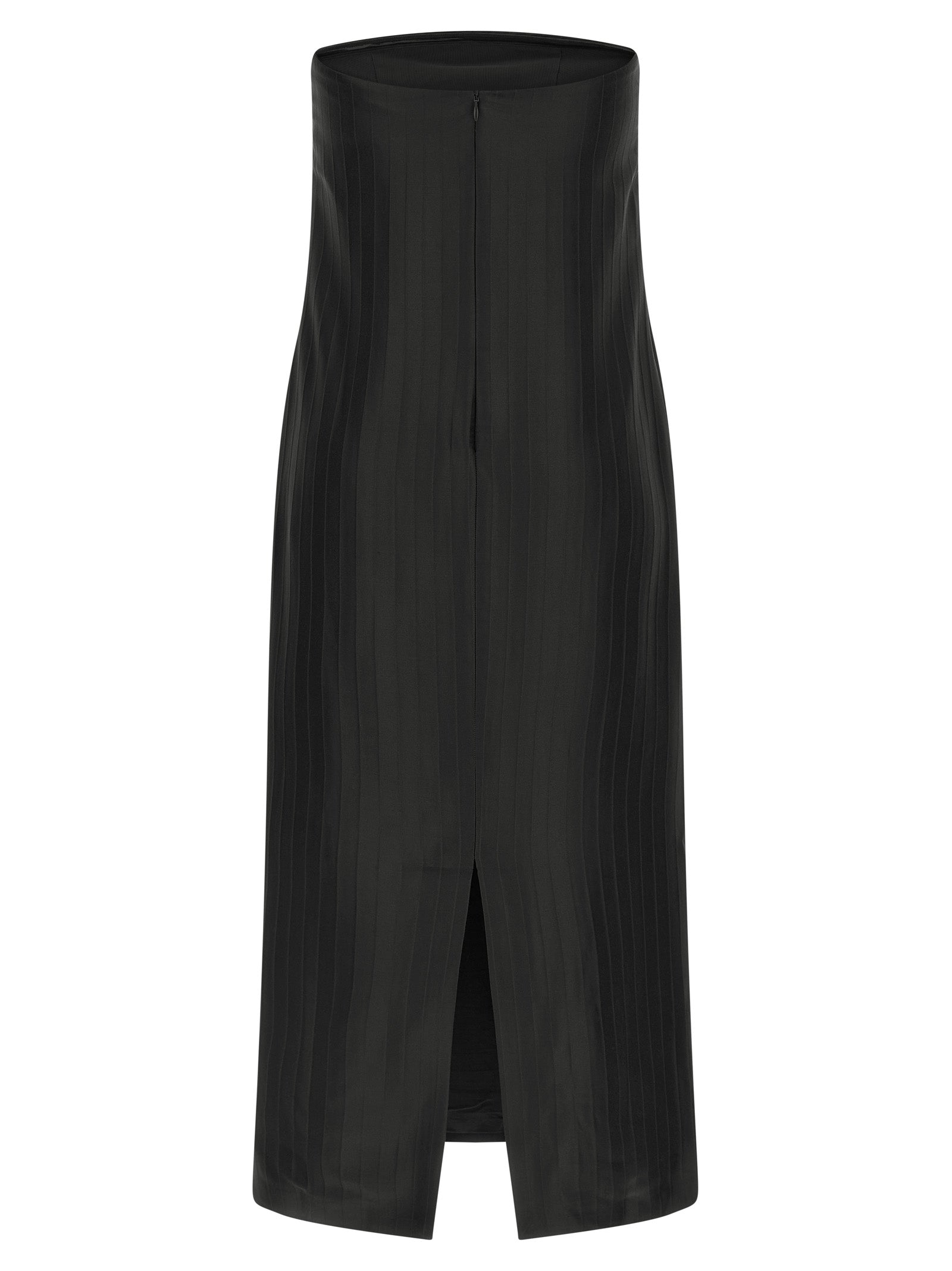 Dress by Loulou De Saison for women in viscose silk black & striped presents a sinuous silhouette, showcasing a sophisticated and detailed with a sinuous midi for a refined finish.
