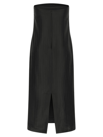 Dress by Loulou De Saison for women in viscose silk black & striped presents a sinuous silhouette, showcasing a sophisticated and detailed with a sinuous midi for a refined finish.