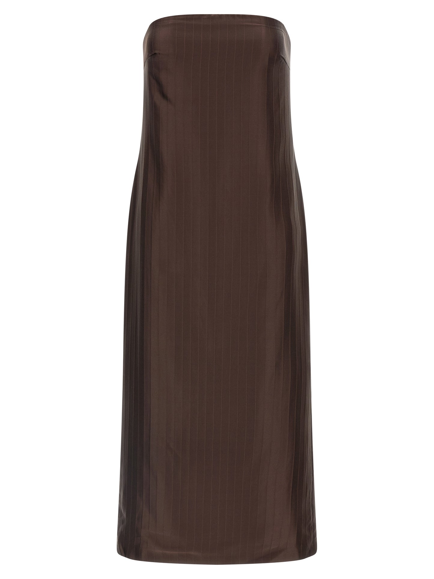 Dress by Loulou De Saison for women in viscose silk brown & striped features a dramatic silhouette, showcasing an elegant and sleeveless that flows into a dramatic midi.