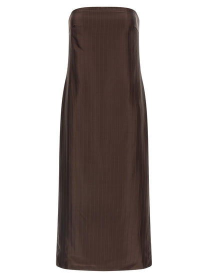 Dress by Loulou De Saison for women in viscose silk brown & striped features a dramatic silhouette, showcasing an elegant and sleeveless that flows into a dramatic midi.