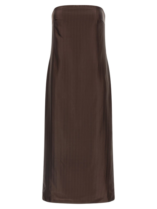Dress by Loulou De Saison for women in viscose silk brown & striped features a dramatic silhouette, showcasing an elegant and sleeveless that flows into a dramatic midi.