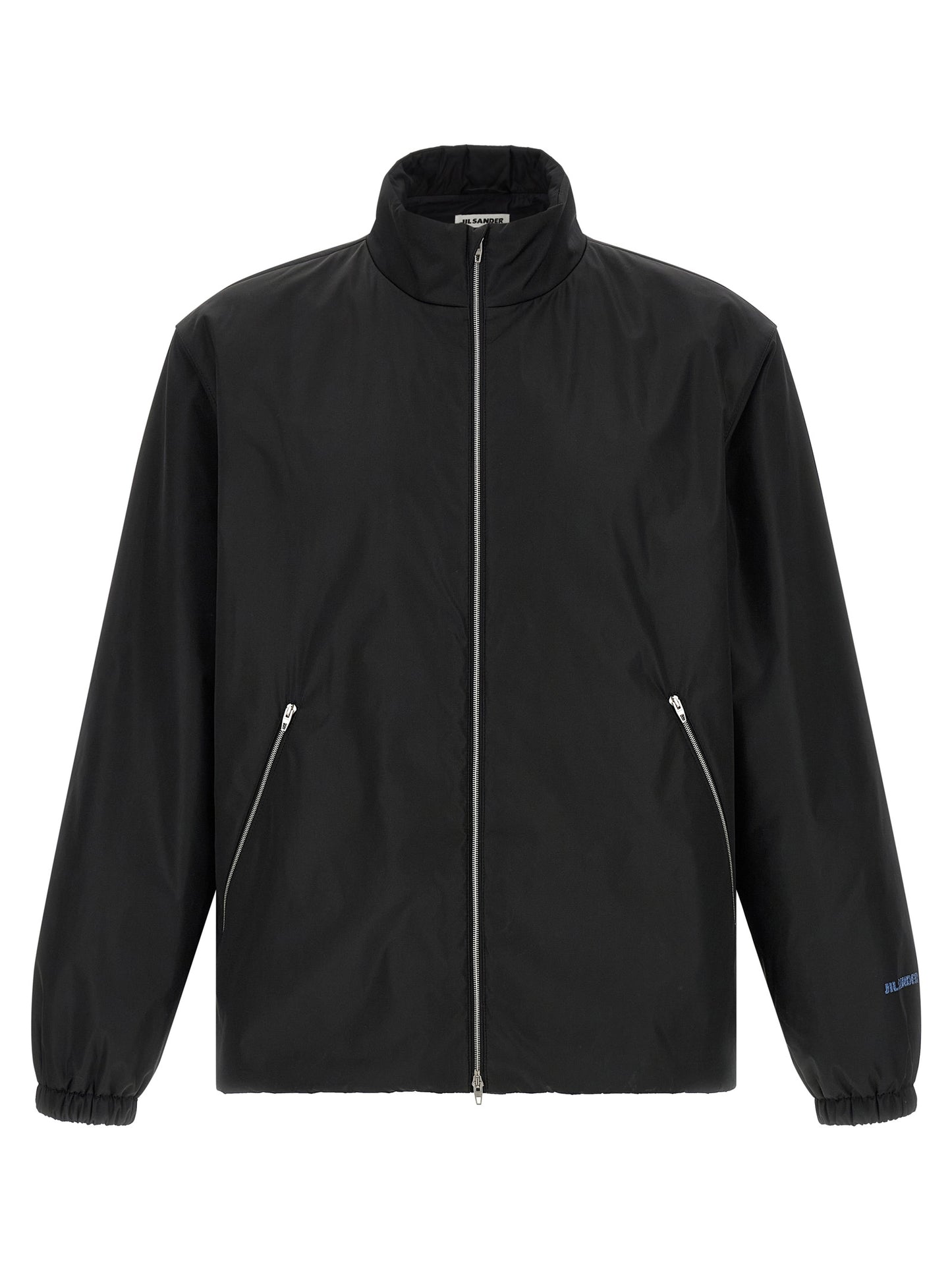 Overcoat by Jil Sander for men in polyester black showcases a architectural silhouette, artfully detailed with a distinctive high-neck neckline and functional pockets for a architectural finish.