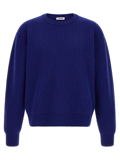 Cardigan by Jil Sander for men in wool blue showcases a captivating silhouette, artfully detailed with a captivating and crew neckline for a truly sophisticated captivating look.