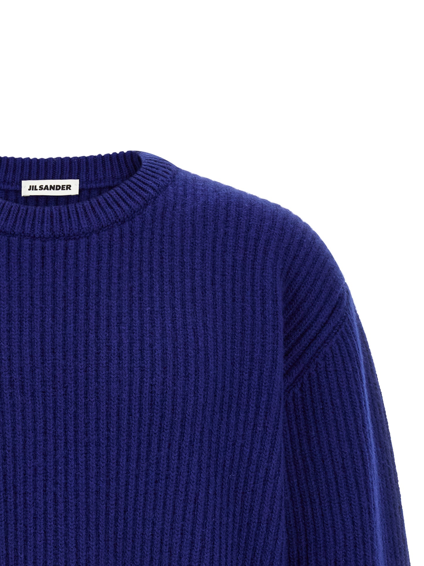 Cardigan by Jil Sander for men in wool blue features a dramatic silhouette, showcasing a sophisticated crew neckline and dramatic detail for a timeless, premium look.