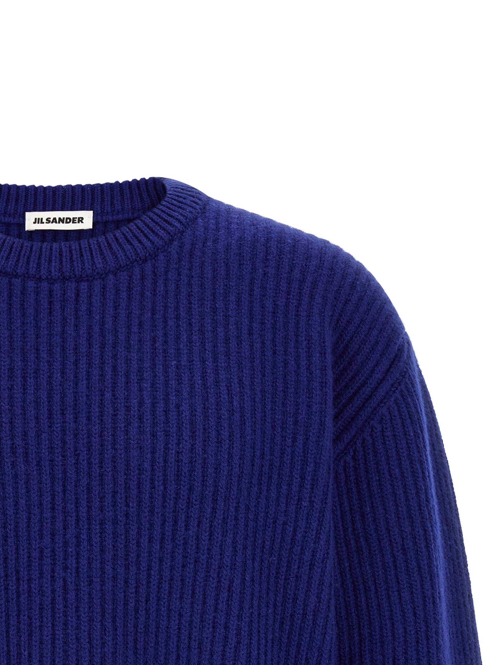Cardigan by Jil Sander for men in wool blue features a dramatic silhouette, showcasing a sophisticated crew neckline and dramatic detail for a timeless, premium look.