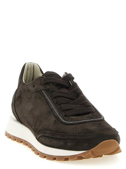 Sneakers by Brunello Cucinelli for women in suede calfskin leather brown features an timeless silhouette from the Monile Women's Fashion Suede Calfskin Leather Sneakers collection, showcasing a signature fashion style with an timeless finish.