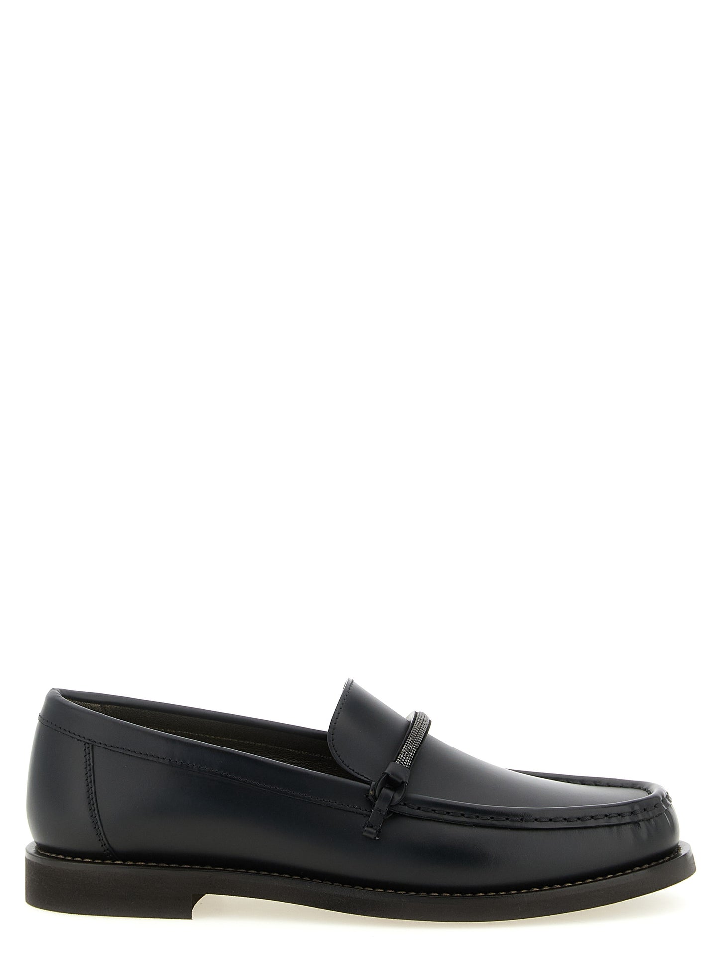 Flat Loafer Slip-On Shoes by Brunello Cucinelli for women in tu & calfskin leather black showcases a impeccable silhouette as Monile Women's TU & Calfskin Leather Flat Loafer Slip-On Shoes, artfully designed with a impeccable flat and refined for a impeccable finish.