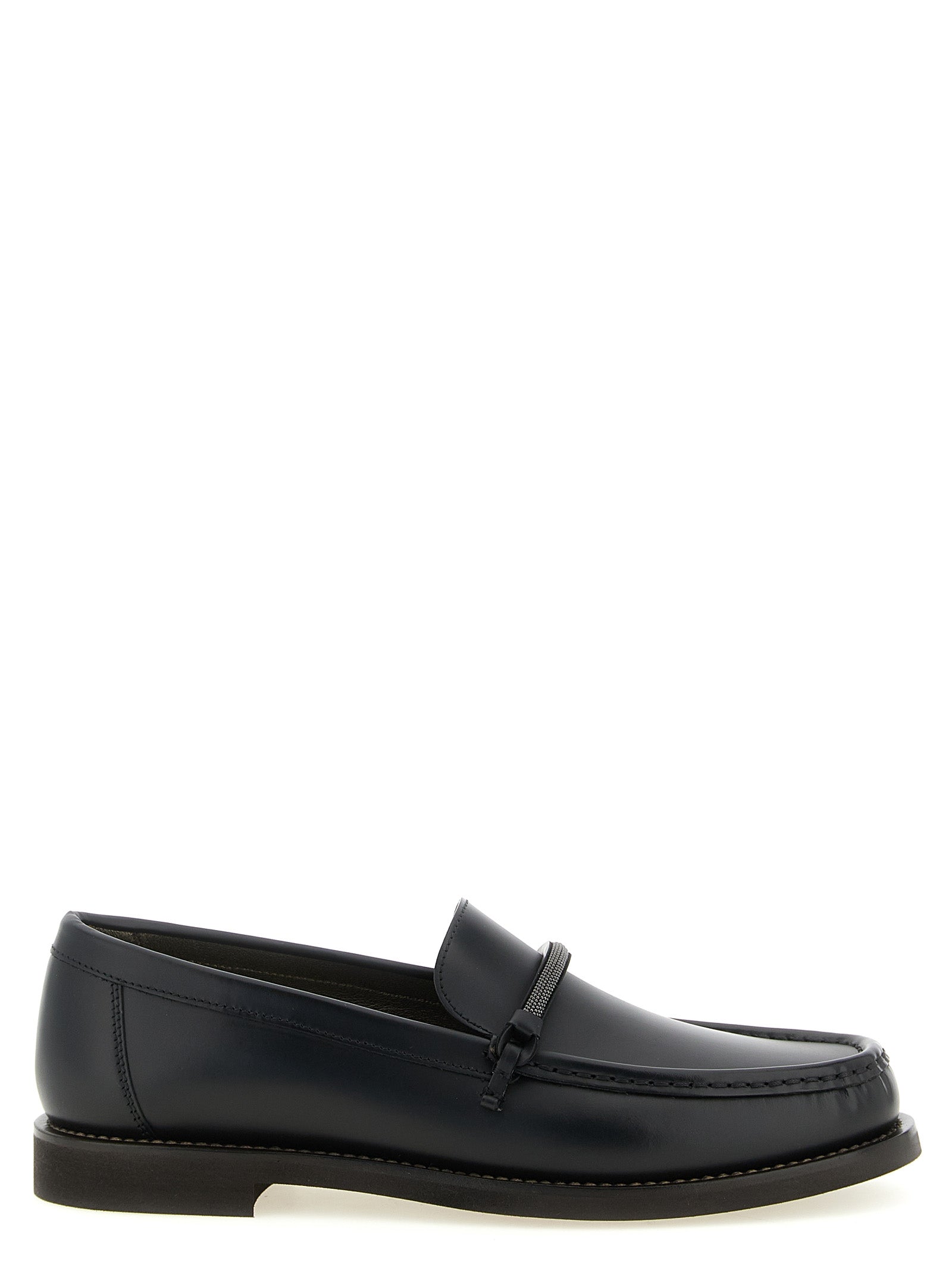 Flat Loafer Slip-On Shoes by Brunello Cucinelli for women in tu & calfskin leather black showcases a impeccable silhouette as Monile Women's TU & Calfskin Leather Flat Loafer Slip-On Shoes, artfully designed with a impeccable flat and refined for a impeccable finish.