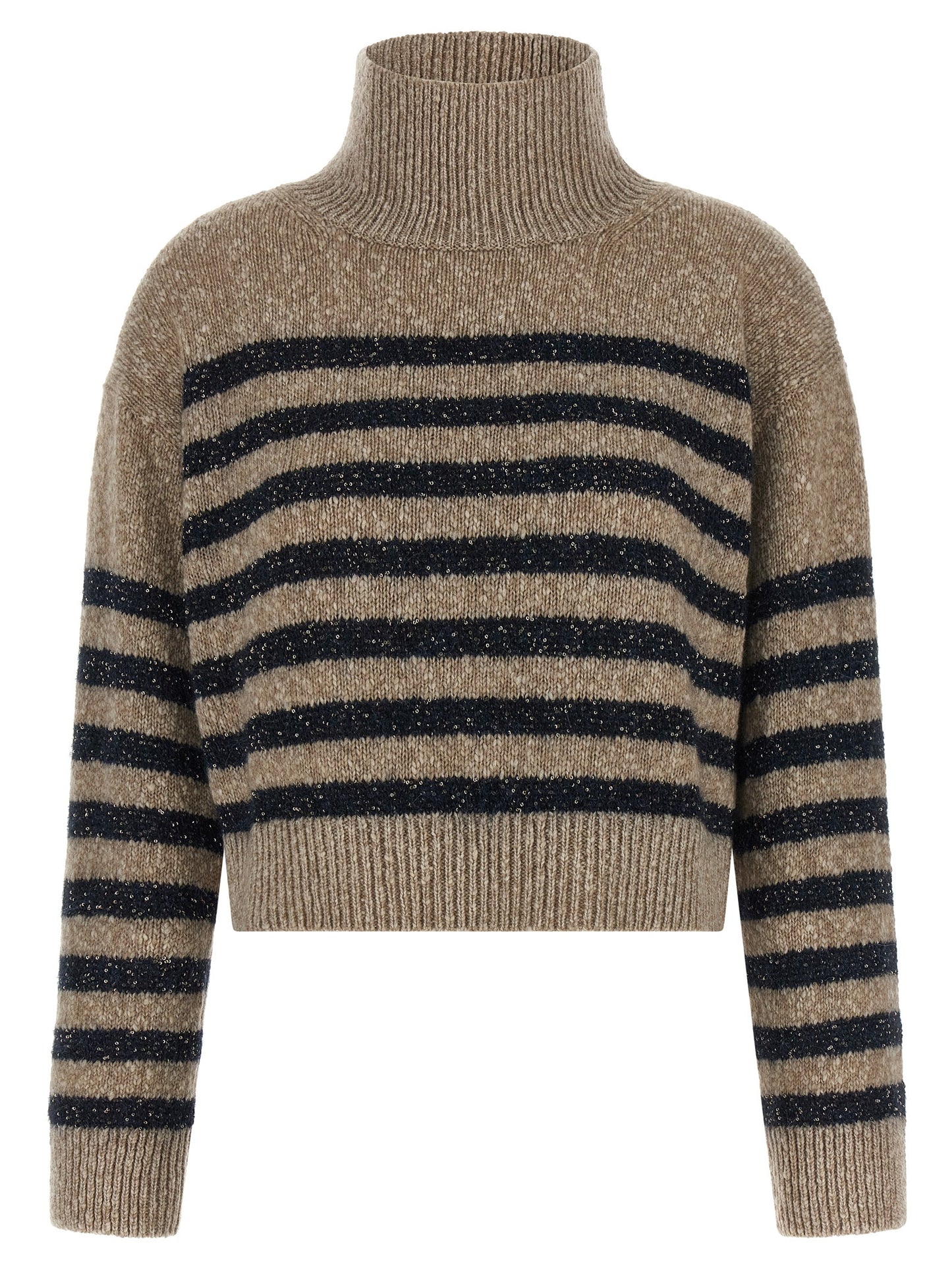 Cardigan by Brunello Cucinelli for women in cashmere wool & sequins multicolor, patterned & striped features an impeccable silhouette, showcasing a sophisticated high-neck neckline and detail for a truly impeccable finish.