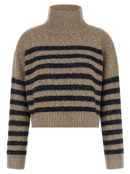 Cardigan by Brunello Cucinelli for women in cashmere wool & sequins multicolor, patterned & striped features an impeccable silhouette, showcasing a sophisticated high-neck neckline and detail for a truly impeccable finish.