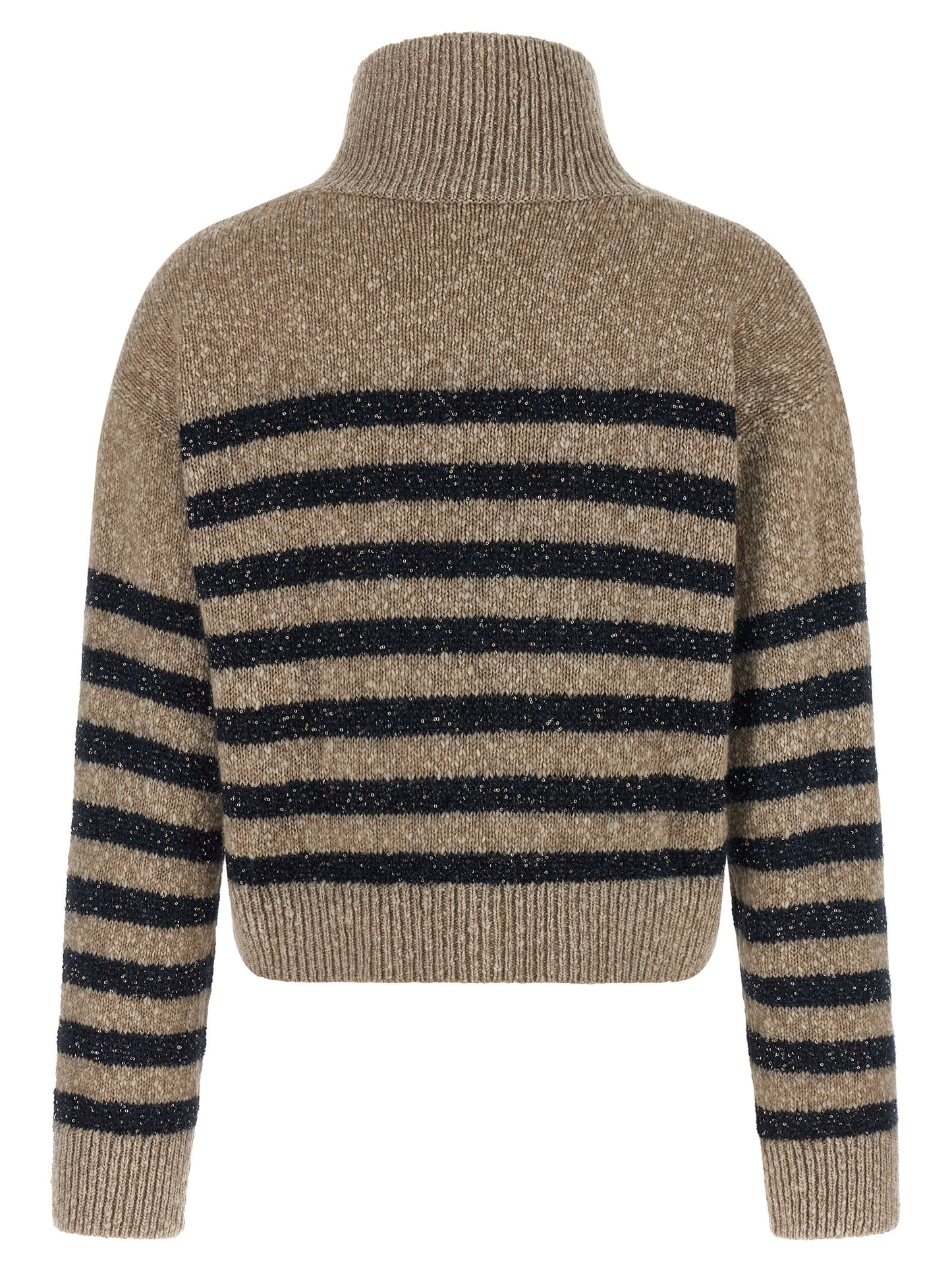 Cardigan by Brunello Cucinelli for women in cashmere wool & sequins multicolor, patterned & striped features a dramatic silhouette, showcasing a sophisticated high-neck neckline and dramatic detail for a timeless, premium look.