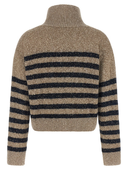 Cardigan by Brunello Cucinelli for women in cashmere wool & sequins multicolor, patterned & striped features a dramatic silhouette, showcasing a sophisticated high-neck neckline and dramatic detail for a timeless, premium look.