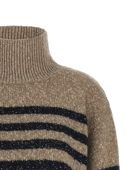 Cardigan by Brunello Cucinelli for women in cashmere wool & sequins multicolor, patterned & striped showcases a captivating silhouette, artfully detailed with a captivating and high-neck neckline for a truly sophisticated captivating look.