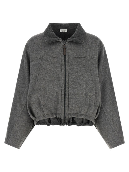 Brunello Cucinelli Monile Women's Crop Top Turtleneck Virgin Wool & Leather Overcoat - Gray