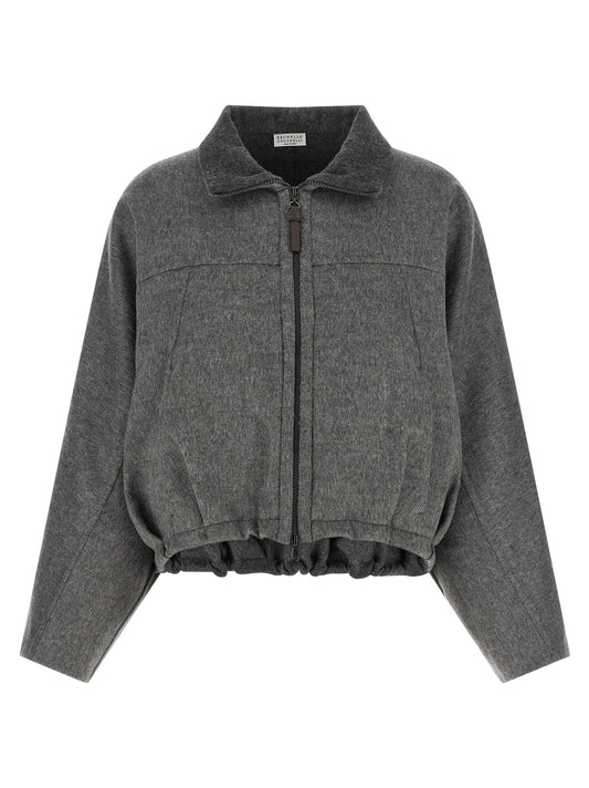 Brunello Cucinelli Monile Women's Crop Top Turtleneck Virgin Wool & Leather Overcoat - Gray