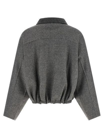 Brunello Cucinelli Monile Women's Crop Top Turtleneck Virgin Wool & Leather Overcoat - Gray