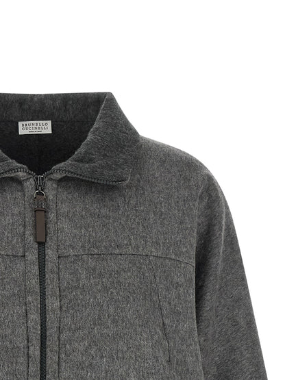 Brunello Cucinelli Monile Women's Crop Top Turtleneck Virgin Wool & Leather Overcoat - Gray