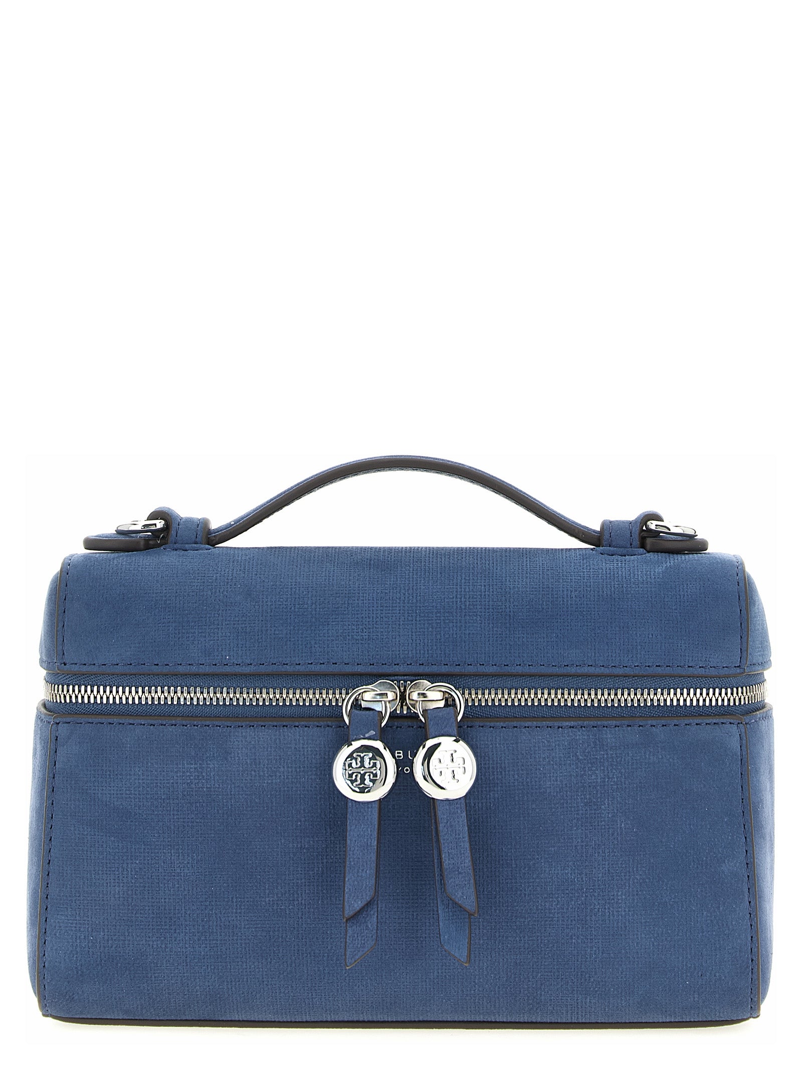Handbag by Tory Burch for women in nubuck & suede lamb leather blue features a signature silhouette, showcasing a secure and signature with versatile shoulder-strap, handle & adjustable-strap for a sophisticated look.