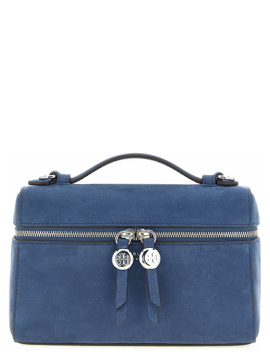 Handbag by Tory Burch for women in nubuck & suede lamb leather blue features a signature silhouette, showcasing a secure and signature with versatile shoulder-strap, handle & adjustable-strap for a sophisticated look.