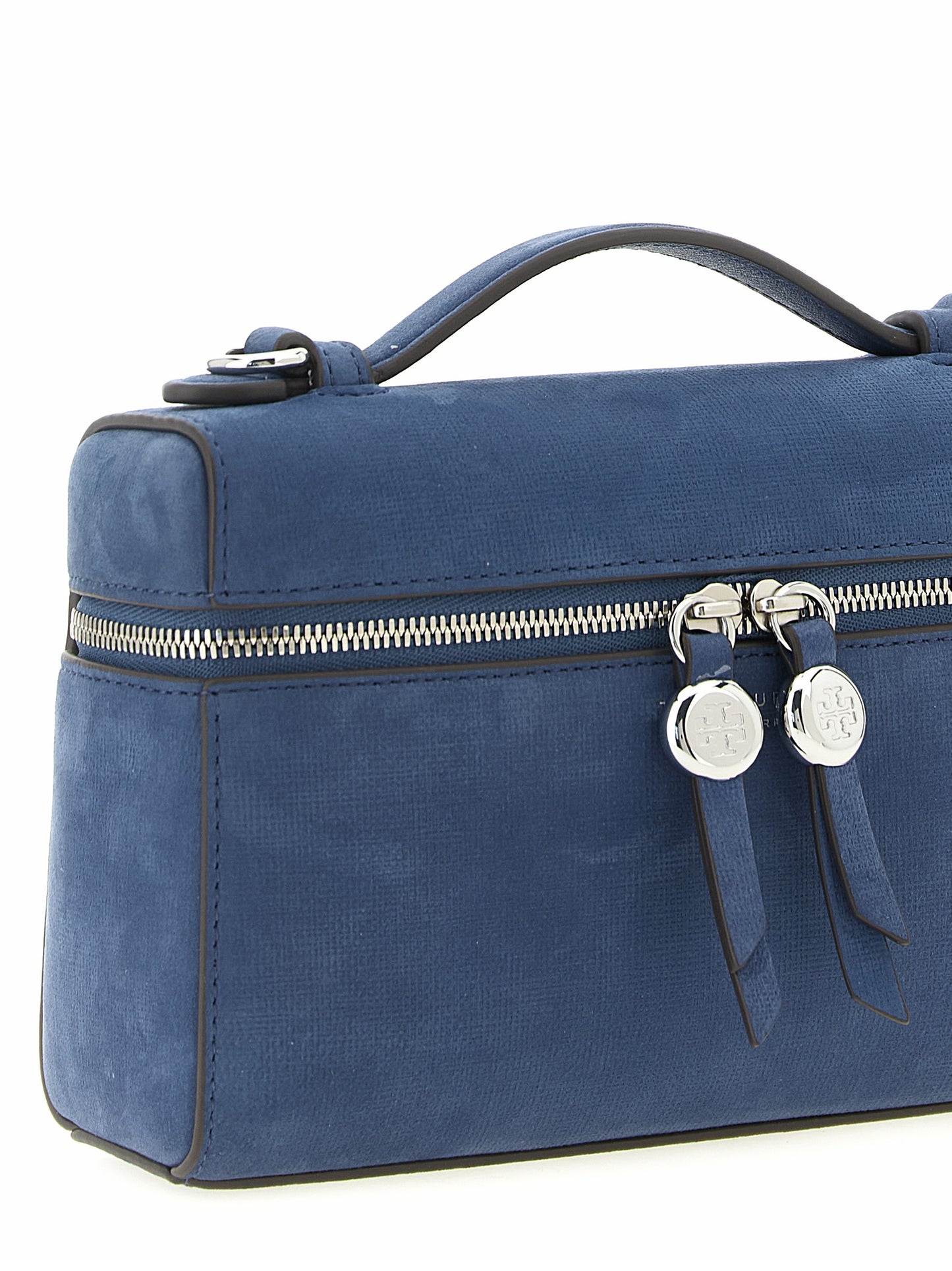 Handbag by Tory Burch for women in nubuck & suede lamb leather blue features an refined silhouette, showcasing a secure , ample , and versatile shoulder-strap, handle & adjustable-strap for a sophisticated refined aesthetic.