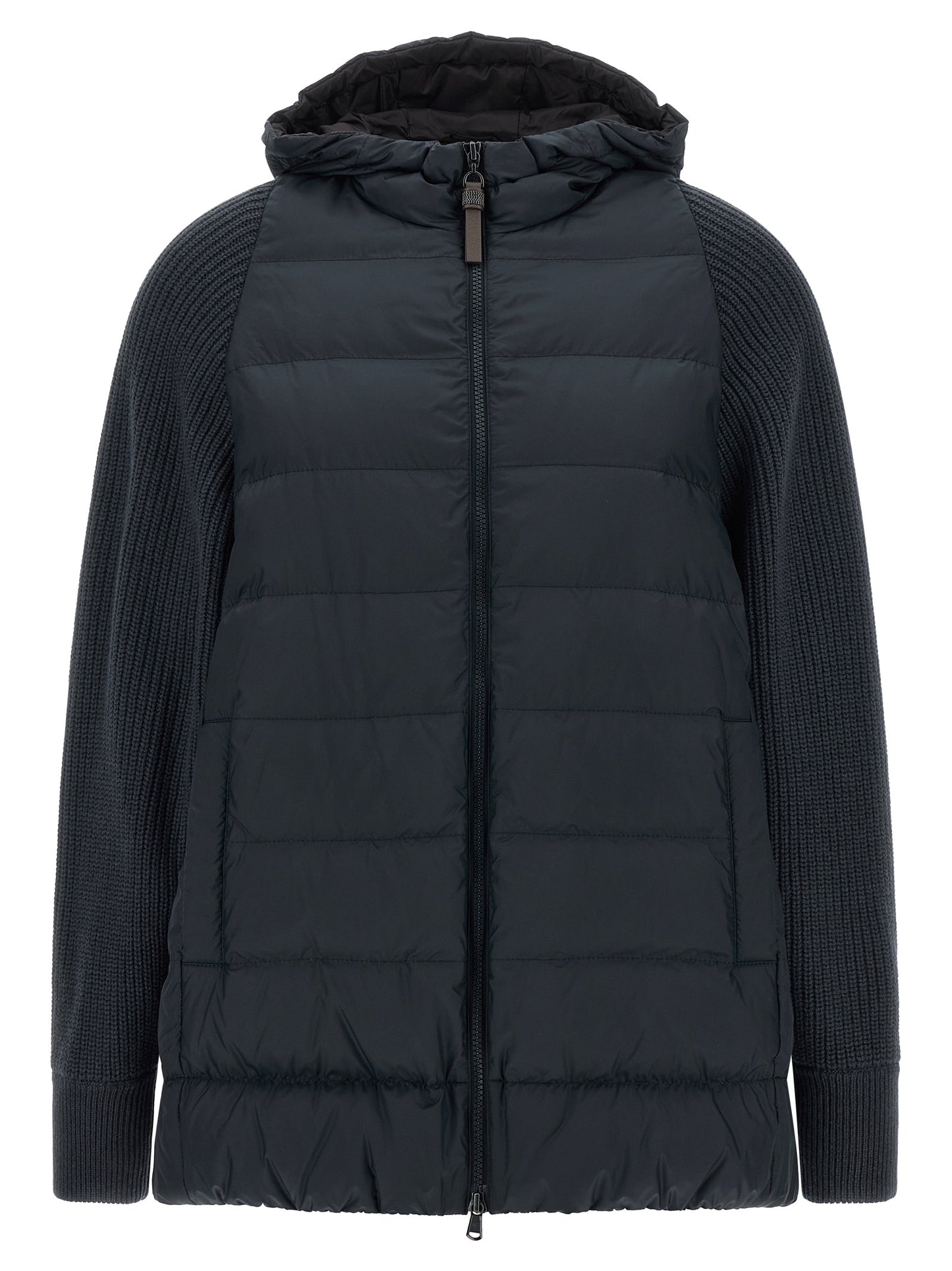 Hooded Puffer Jacket by Brunello Cucinelli for women in virgin cashmere wool & leather blue features an on trend silhouette, showcasing refined hooded & insulated and a sophisticated hooded high-neck neckline for a truly on trend finish.