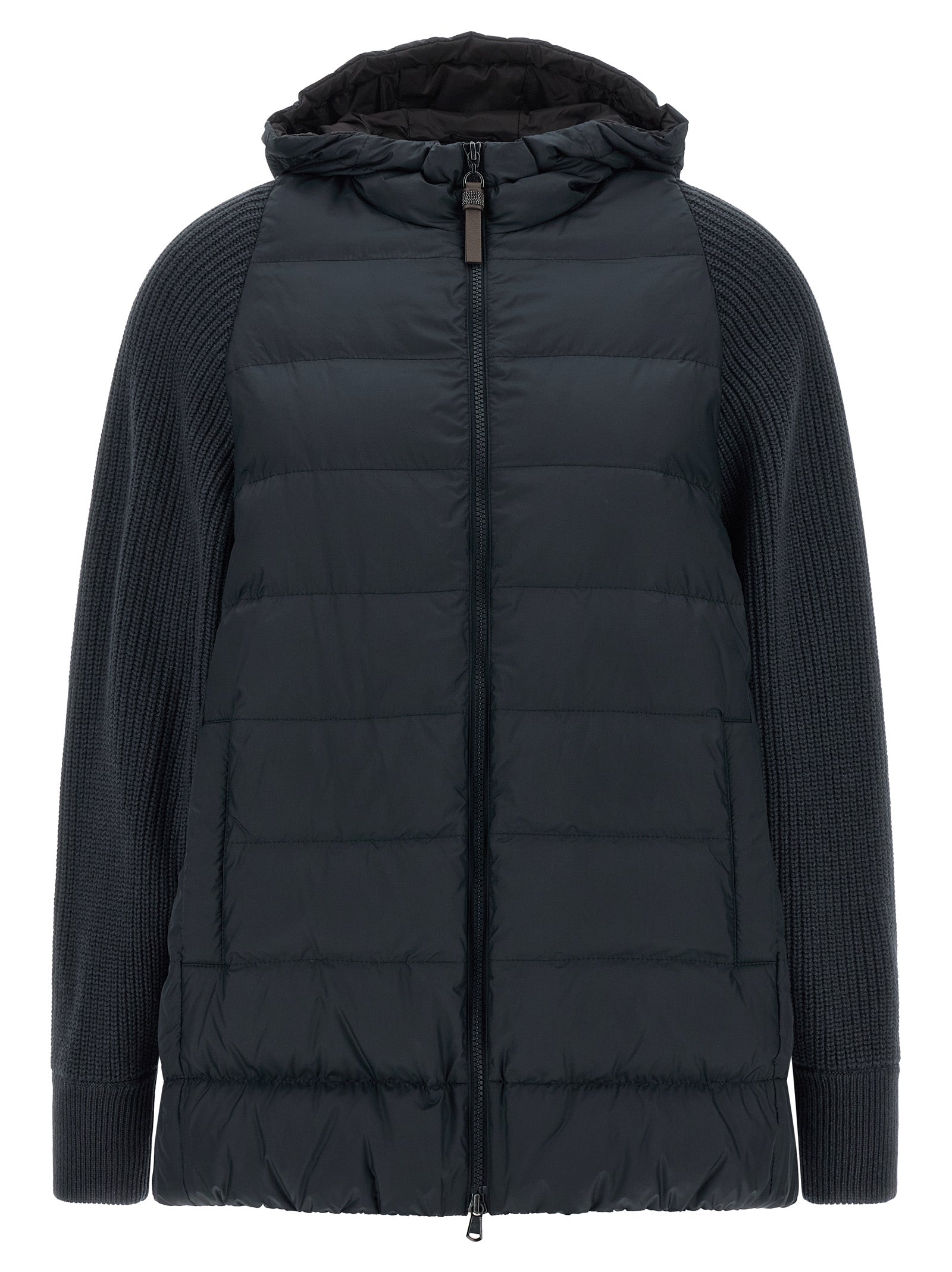 Hooded Puffer Jacket by Brunello Cucinelli for women in virgin cashmere wool & leather blue features an on trend silhouette, showcasing refined hooded & insulated and a sophisticated hooded high-neck neckline for a truly on trend finish.