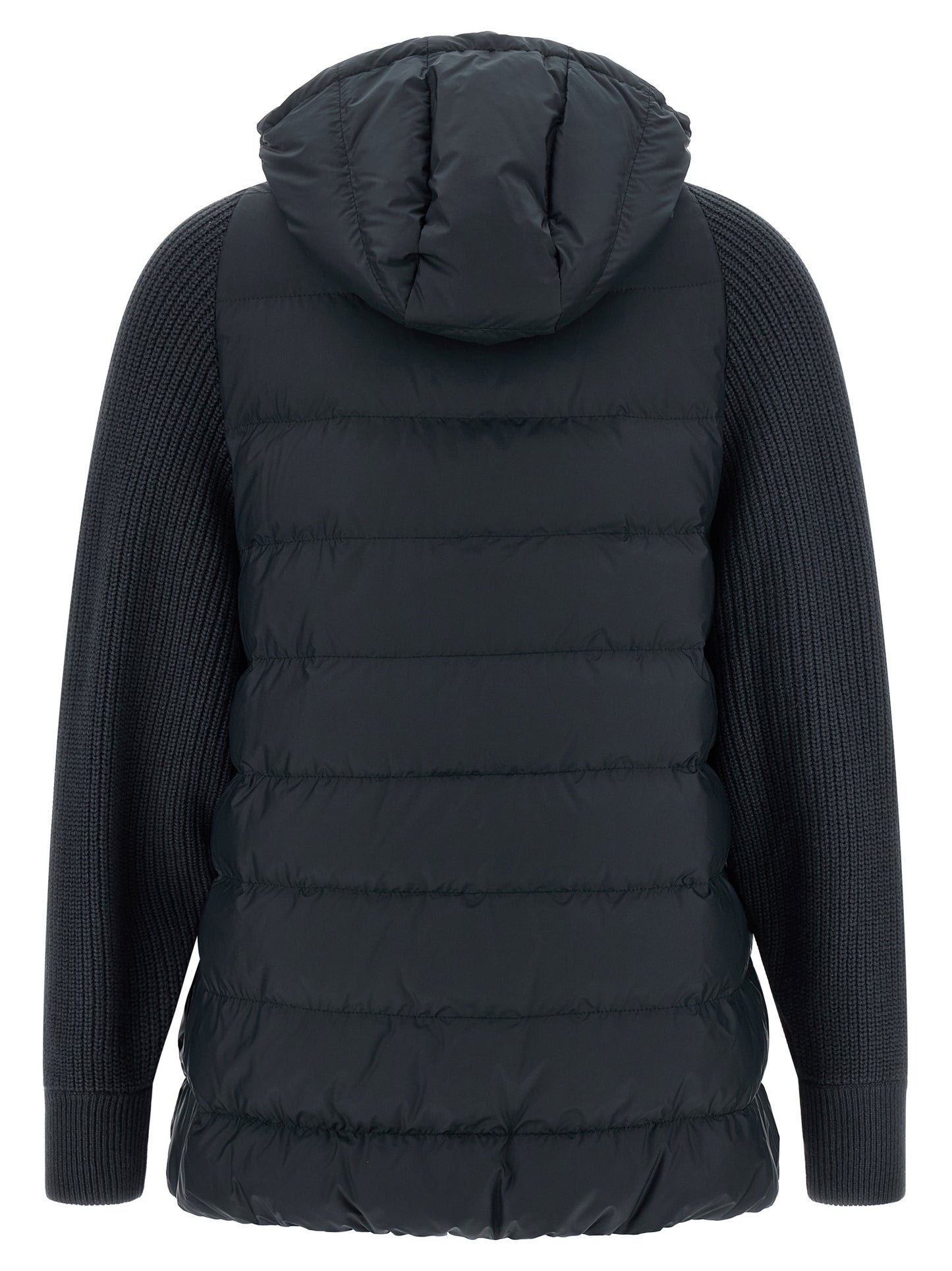 This Hooded Puffer Jacket by Brunello Cucinelli for women in virgin cashmere wool & leather blue exhibits a edgy silhouette, meticulously detailed with functional hooded & insulated and a edgy hooded high-neck neckline for a edgy finish.