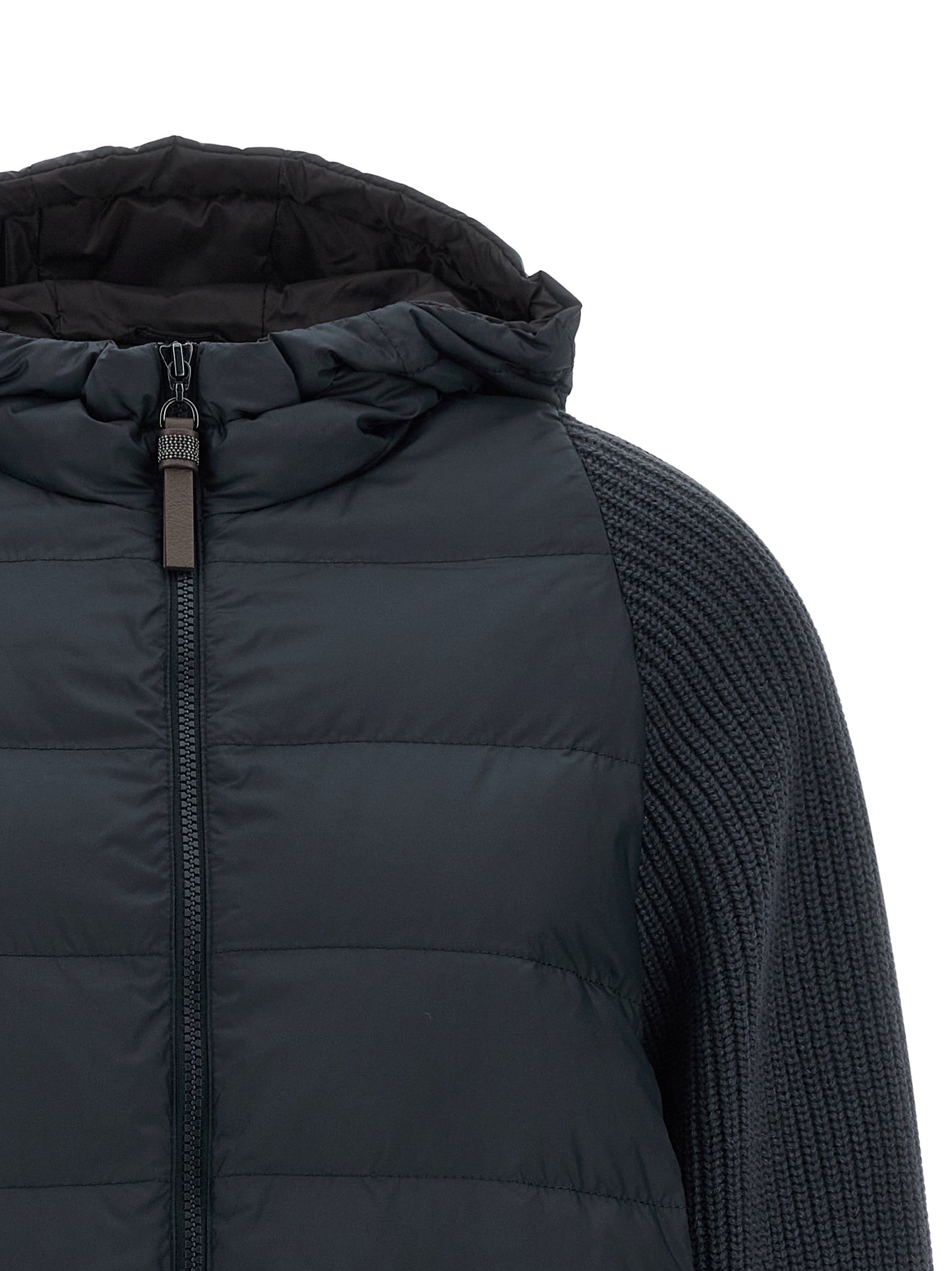 Hooded Puffer Jacket by Brunello Cucinelli for women in virgin cashmere wool & leather blue showcases a bohemian silhouette, artfully detailed with a bohemian hooded high-neck neckline and signature hooded & insulated for a truly bohemian finish.