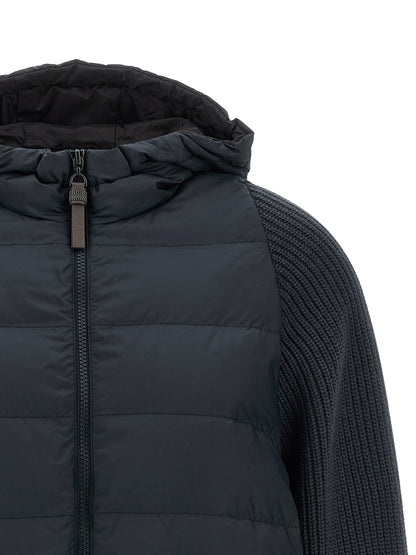 Hooded Puffer Jacket by Brunello Cucinelli for women in virgin cashmere wool & leather blue showcases a bohemian silhouette, artfully detailed with a bohemian hooded high-neck neckline and signature hooded & insulated for a truly bohemian finish.