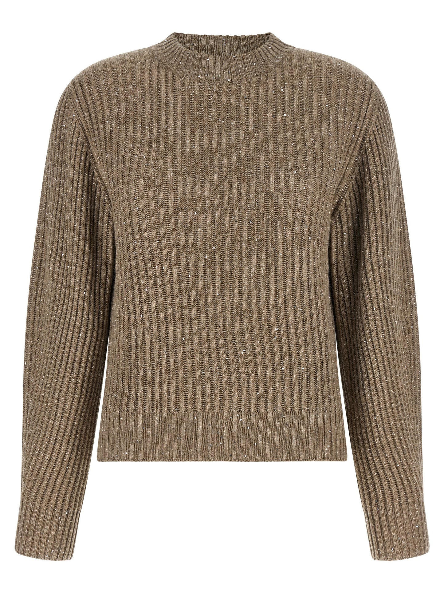 Cardigan by Brunello Cucinelli for women in cashmere polyamide & sequins beige features an impeccable silhouette, showcasing a sophisticated crew neckline and detail for a truly impeccable finish.