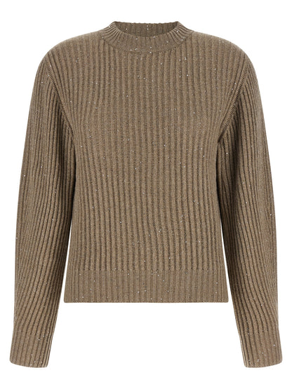 Cardigan by Brunello Cucinelli for women in cashmere polyamide & sequins beige features an impeccable silhouette, showcasing a sophisticated crew neckline and detail for a truly impeccable finish.