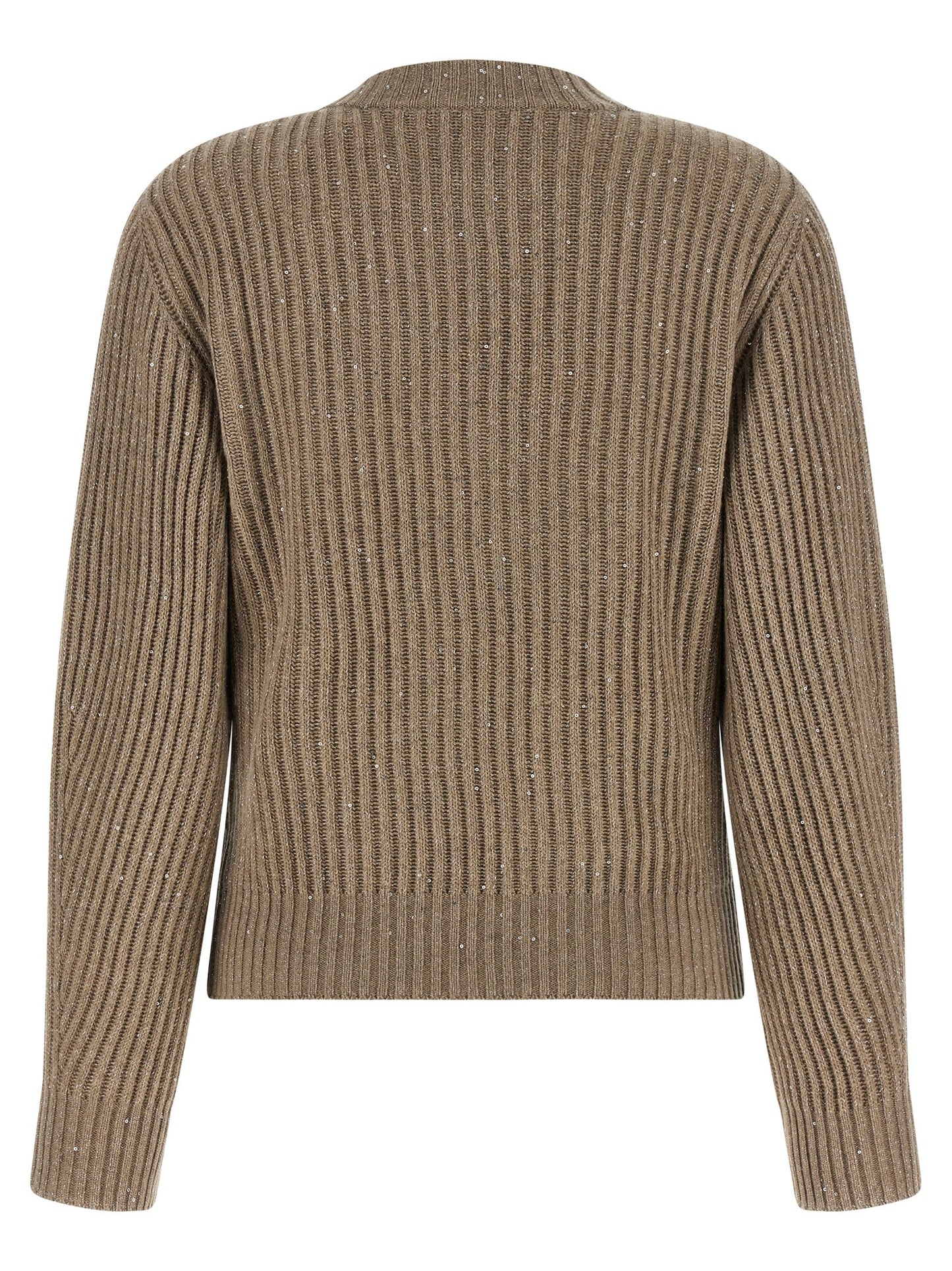 Cardigan by Brunello Cucinelli for women in cashmere polyamide & sequins beige showcases a captivating silhouette, artfully detailed with a captivating and crew neckline for a truly sophisticated captivating look.