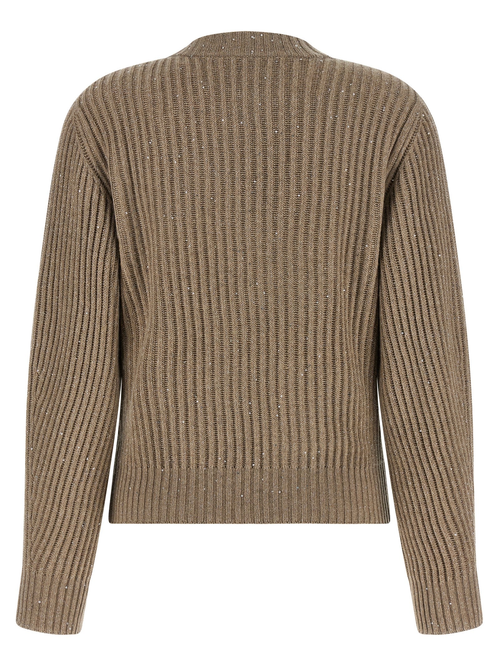 Cardigan by Brunello Cucinelli for women in cashmere polyamide & sequins beige showcases a captivating silhouette, artfully detailed with a captivating and crew neckline for a truly sophisticated captivating look.