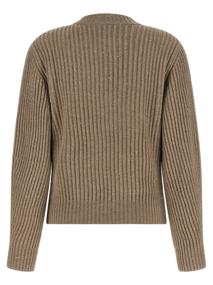 Cardigan by Brunello Cucinelli for women in cashmere polyamide & sequins beige showcases a captivating silhouette, artfully detailed with a captivating and crew neckline for a truly sophisticated captivating look.